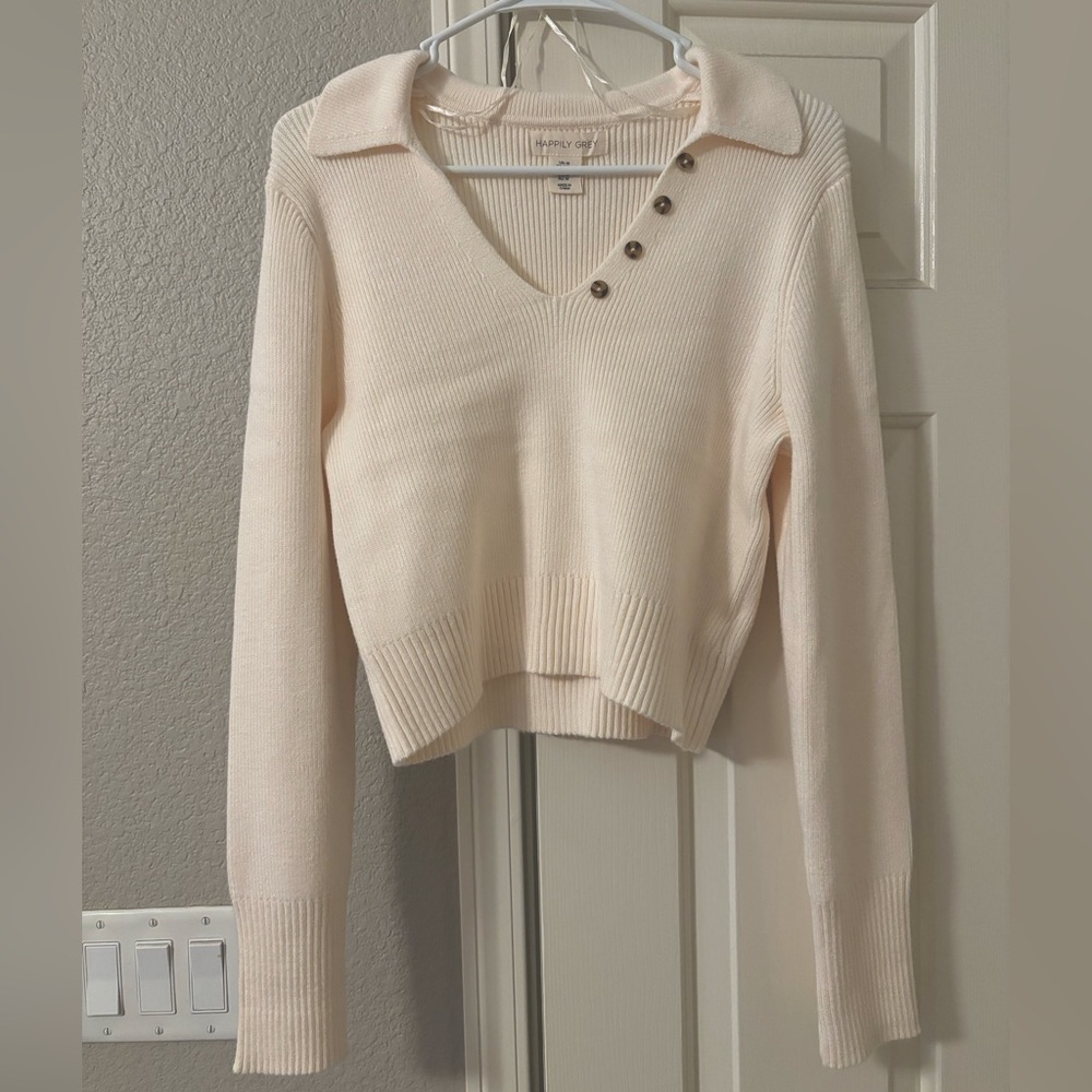 Cream Sweater with Collar and Button Accents - Happily Grey Brand, Women’s Med
